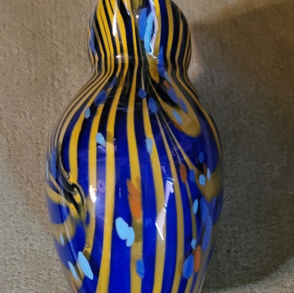 Murano Style Art Glass Vase Blue Yellow Multi Heavy 7 in. - Picture 5 of 8